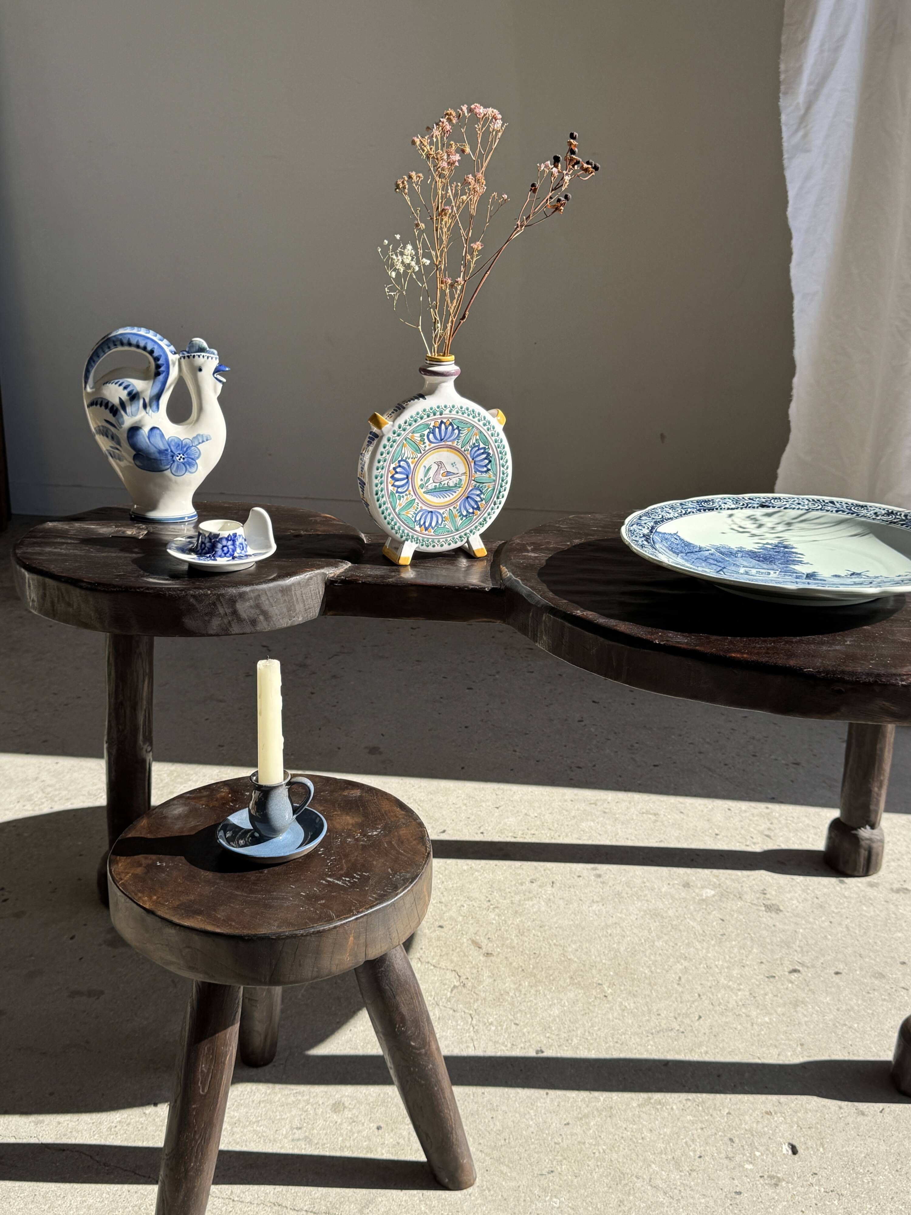 Vintage hand-held candlestick in blue glazed stoneware with floral decoration by Poterie Millian.