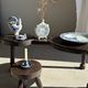 Vintage hand-held candlestick in blue glazed stoneware with floral decoration by Poterie Millian.