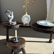 Vintage hand-held candlestick in blue glazed stoneware with floral decoration by Poterie Millian.