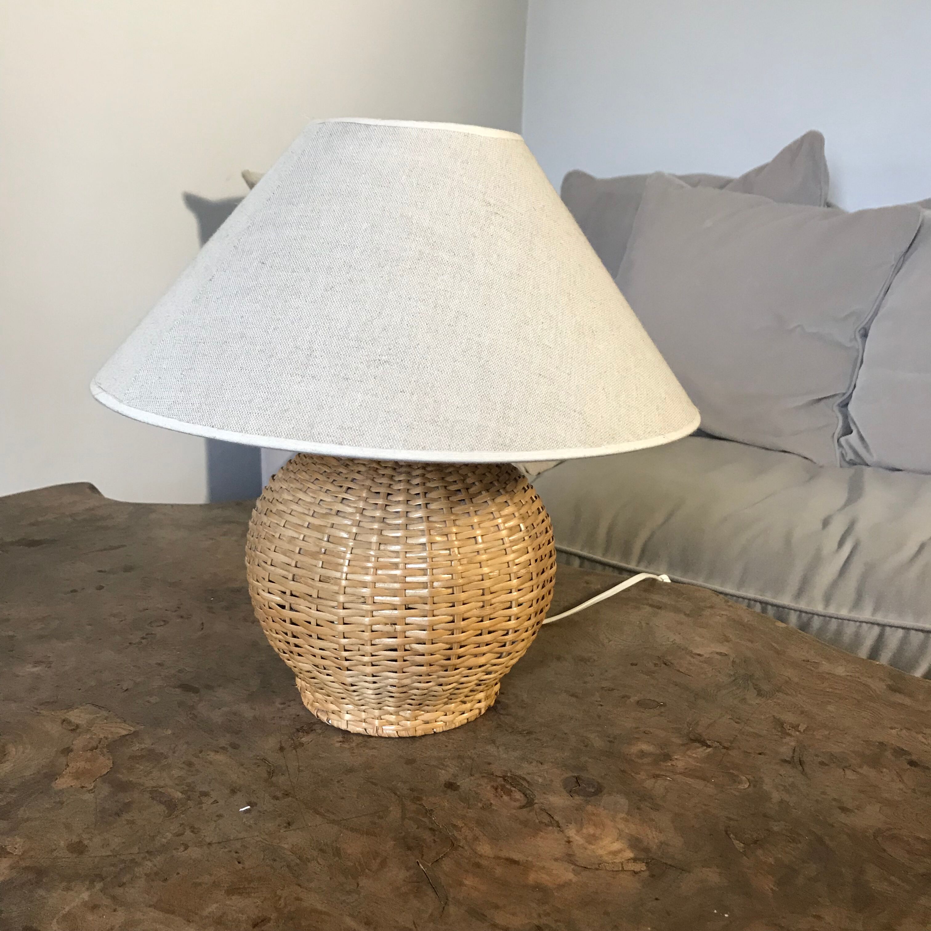 Vintage wicker lamp and lampshade gloved linen