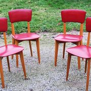 Set of 4 vintage chairs from the 50s in blond beech and red leatherette