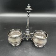Double salt dish, silver metal, round base, socket, engraved decor, table decoration, chic, hallmark