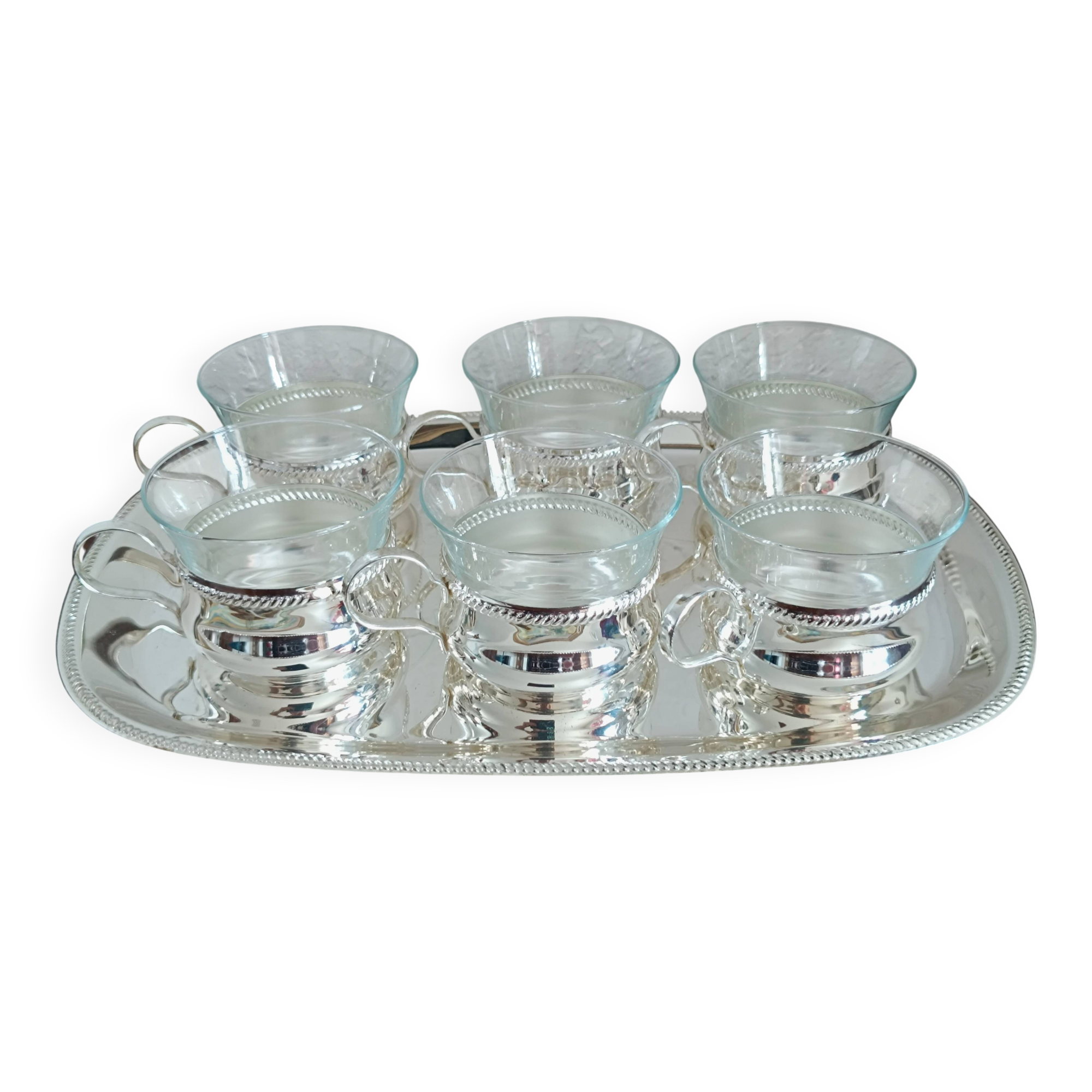 Service à thé de 6 tasses et plateau argenté
