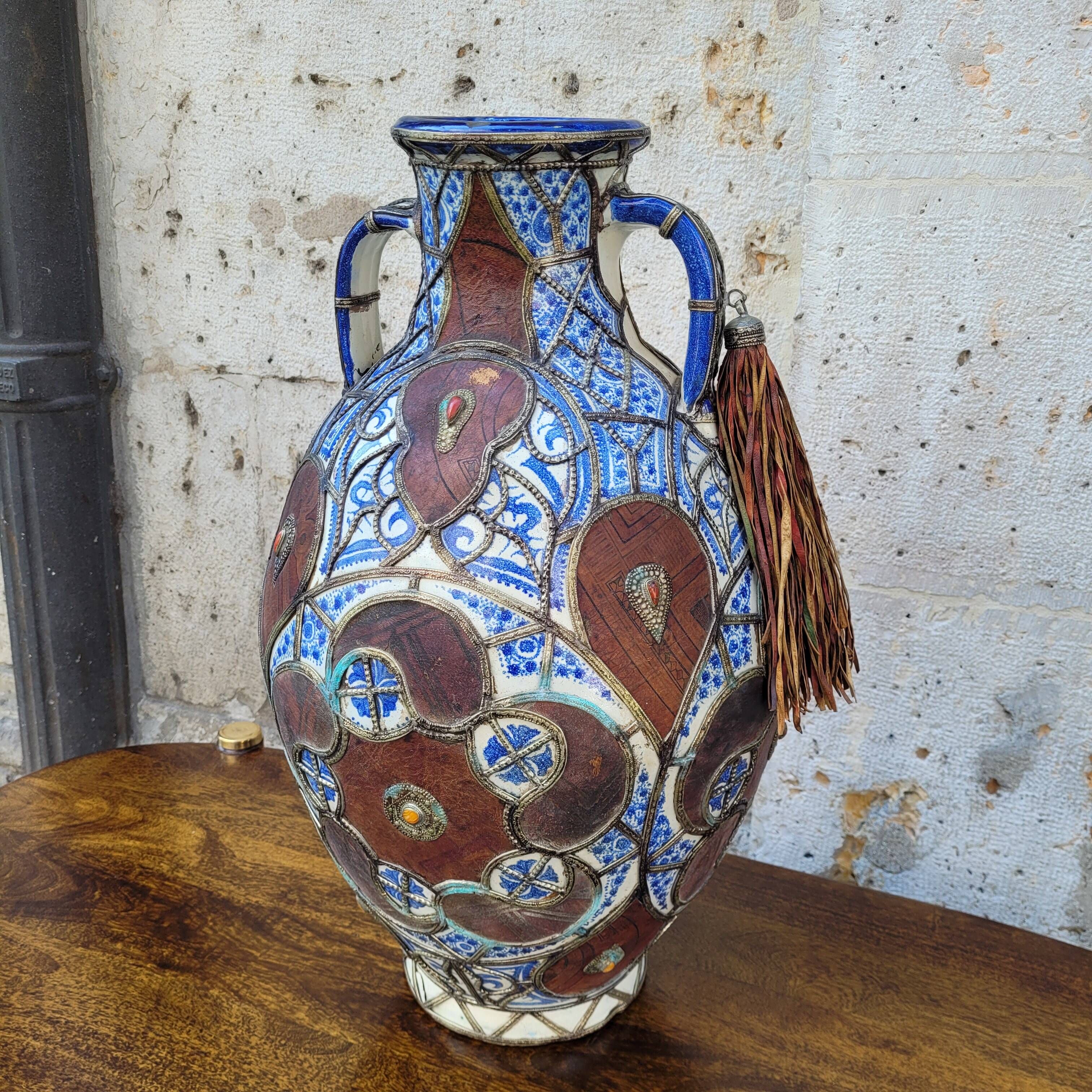 Filigree vase, ceramic, leather, enamel and metal, 19th century - Safi, Morocco