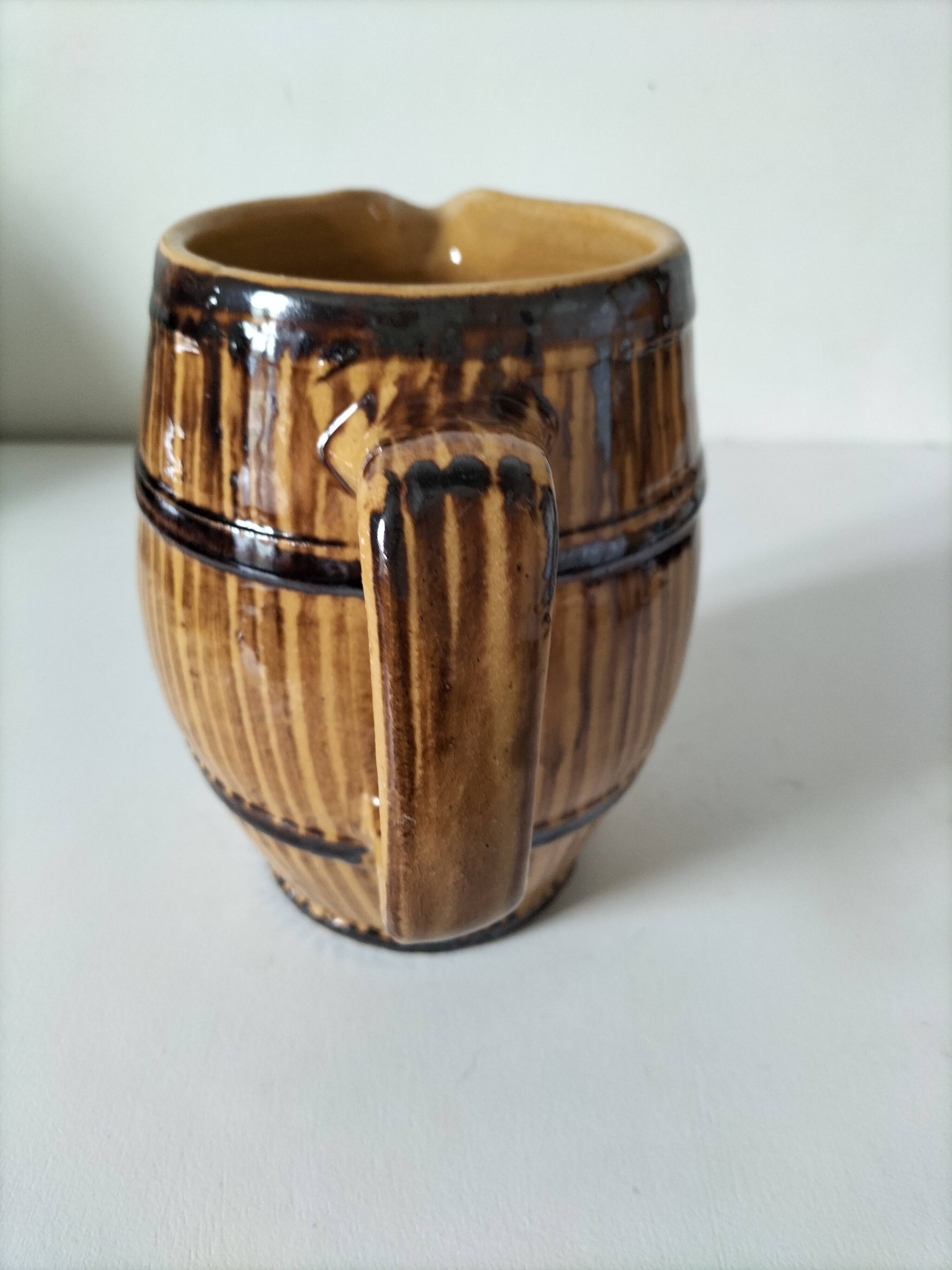 Large vintage pitcher with trompe l'oeil effect, barrel in glazed stoneware, 1950s