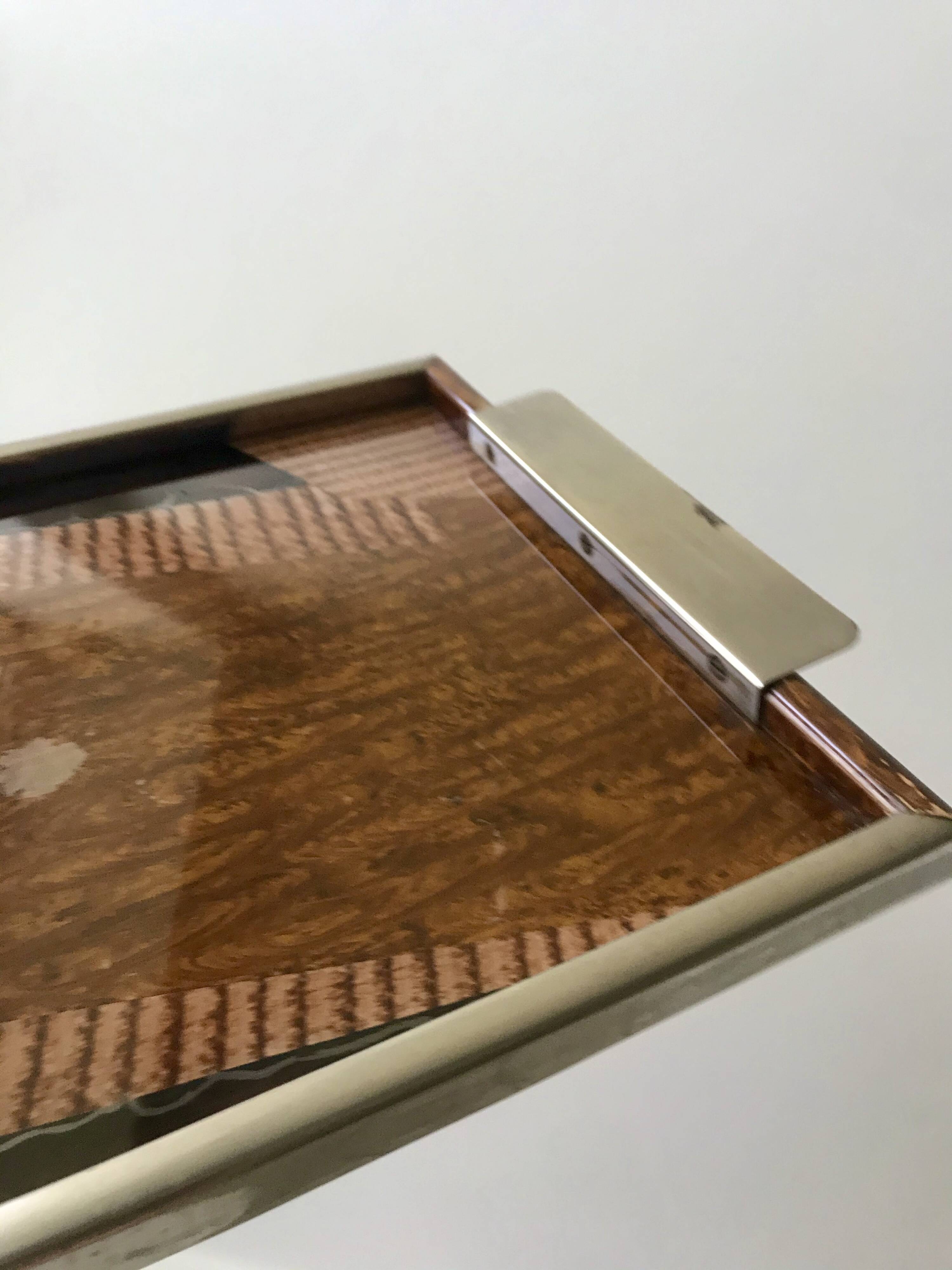 Plateau miroir en chrome, verre, bois et marqueterie années 60-70