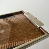 Plateau miroir en chrome, verre, bois et marqueterie années 60-70