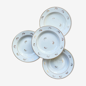 4 l'amandinoise hollow plates in golden white porcelain floral pattern