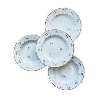 4 l'amandinoise hollow plates in golden white porcelain floral pattern