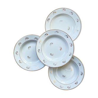 4 assiettes creuses l’amandinoise en porcelaine blanche dorées motif fleuris