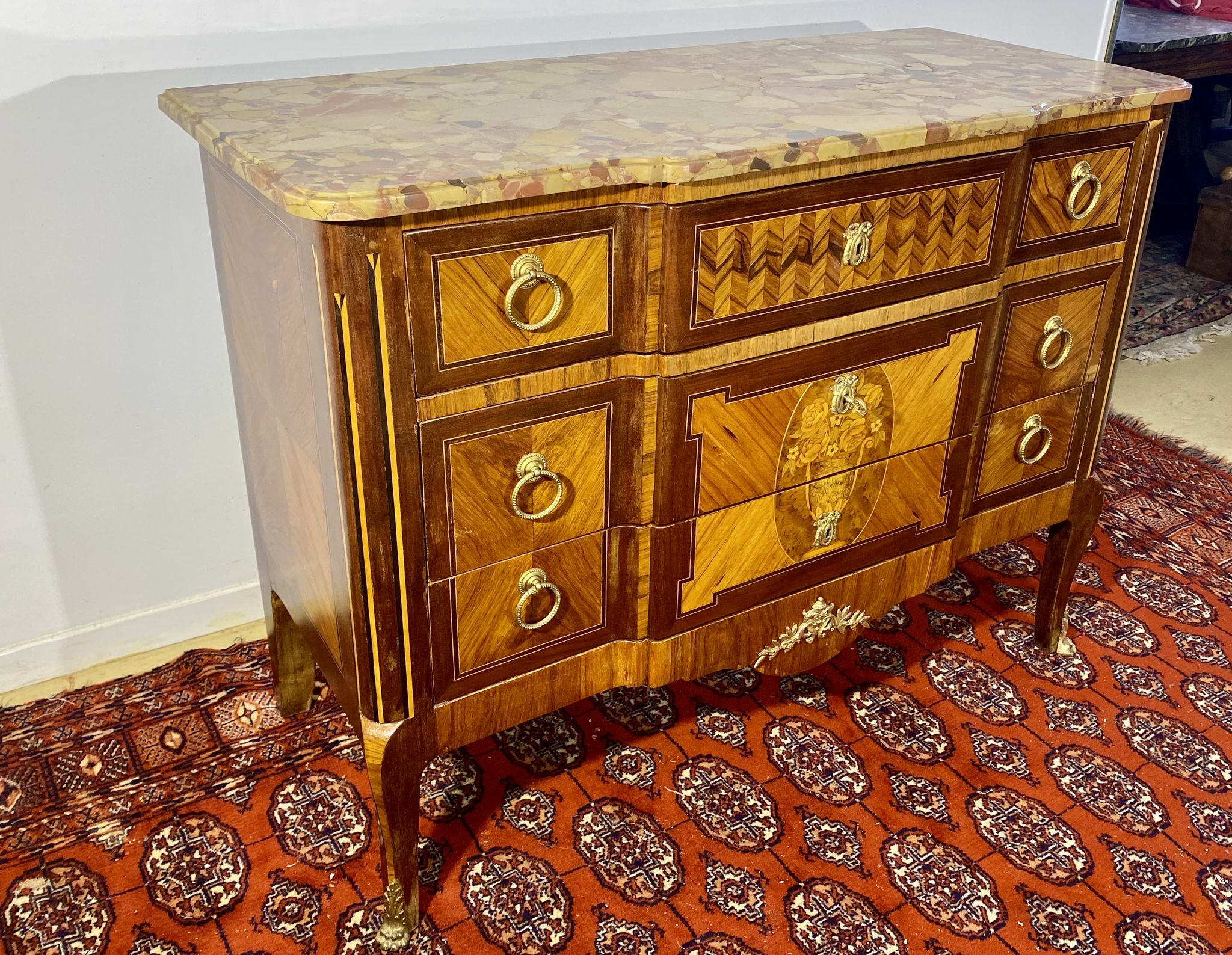 Chest of drawers Transition Style Louis XV marquetry and bronze