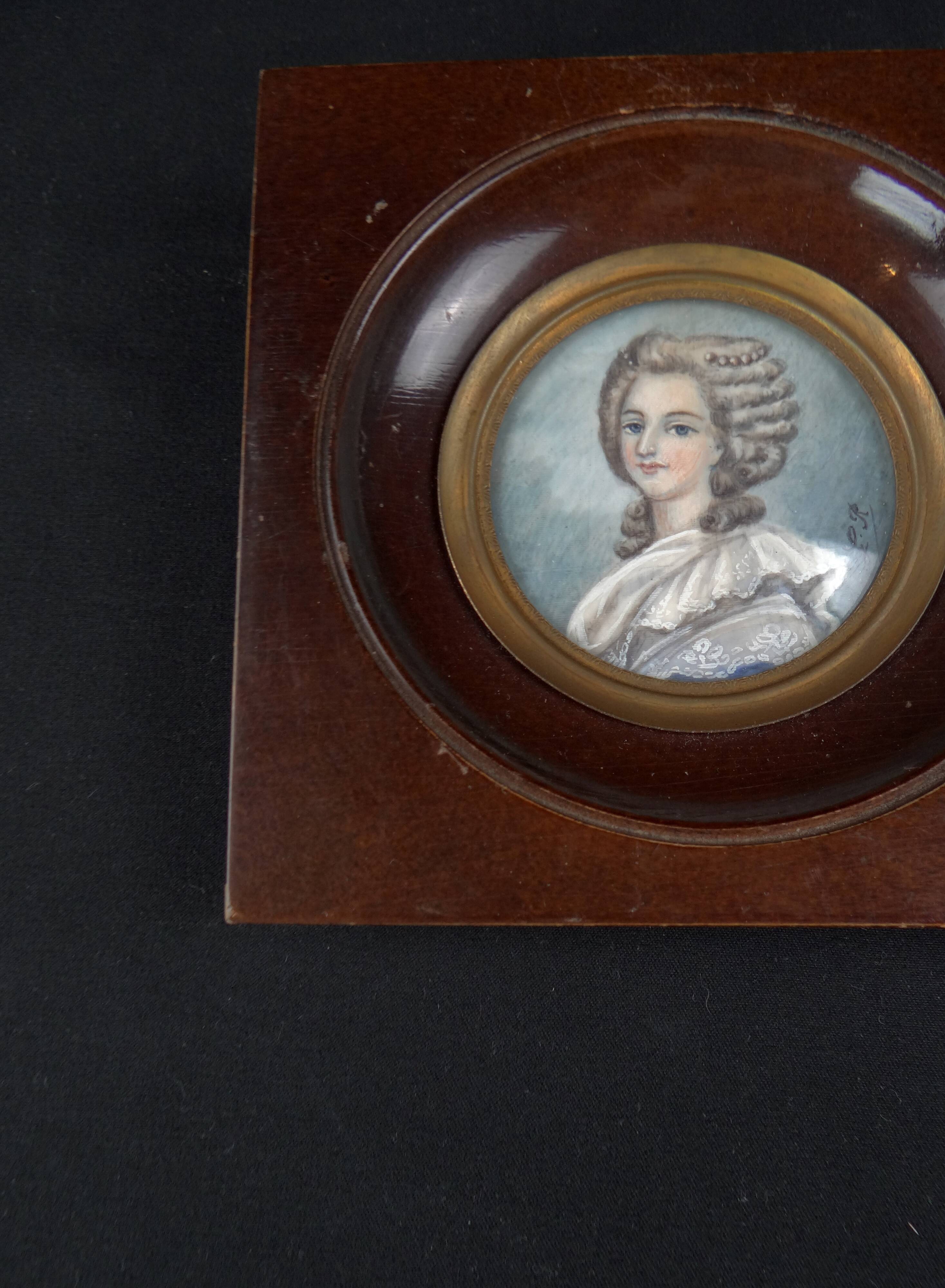 Framed 19th-century miniature gouache portrait of an aristocratic woman