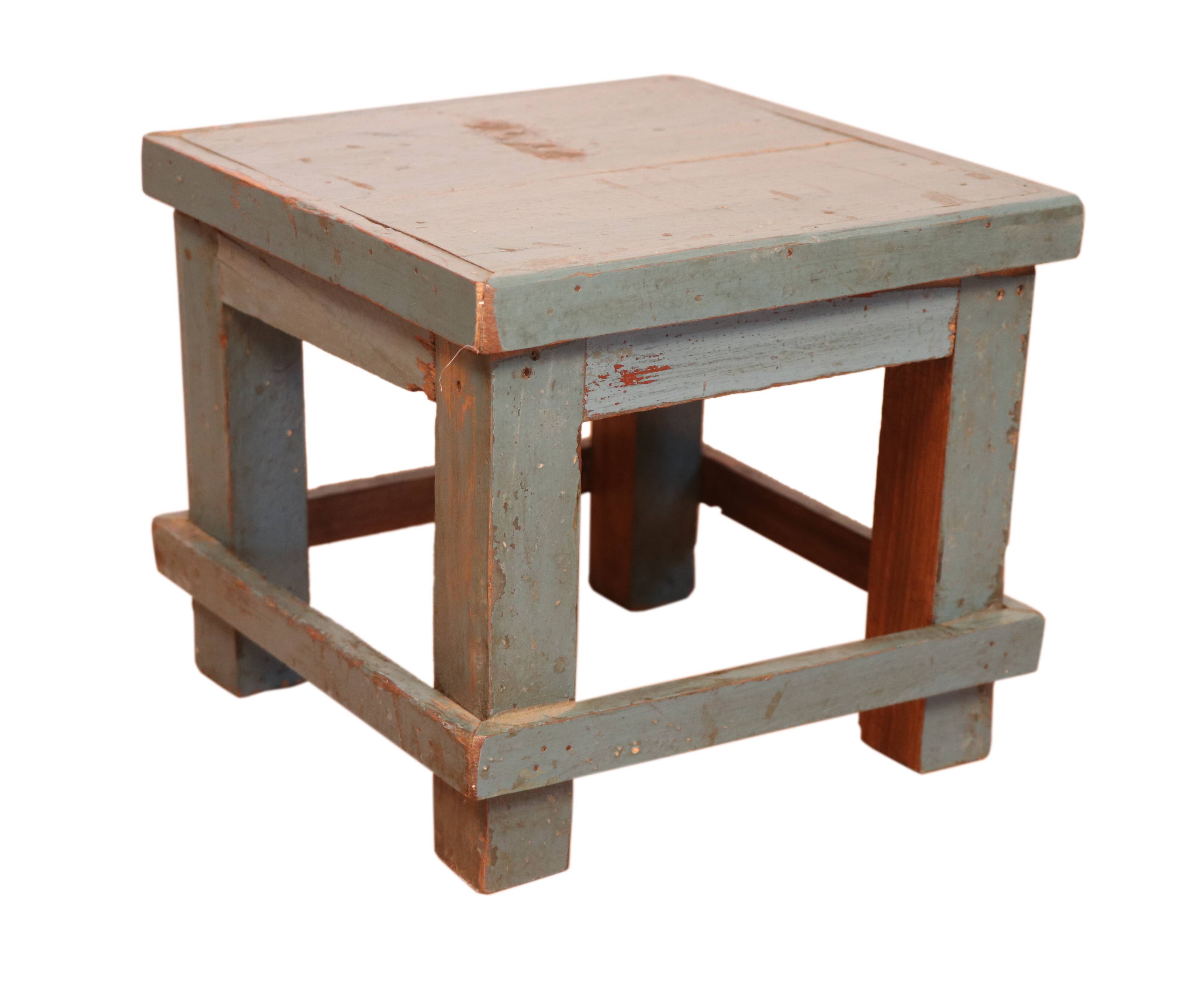 Old workshop bedside table in original blue patina burmese teak