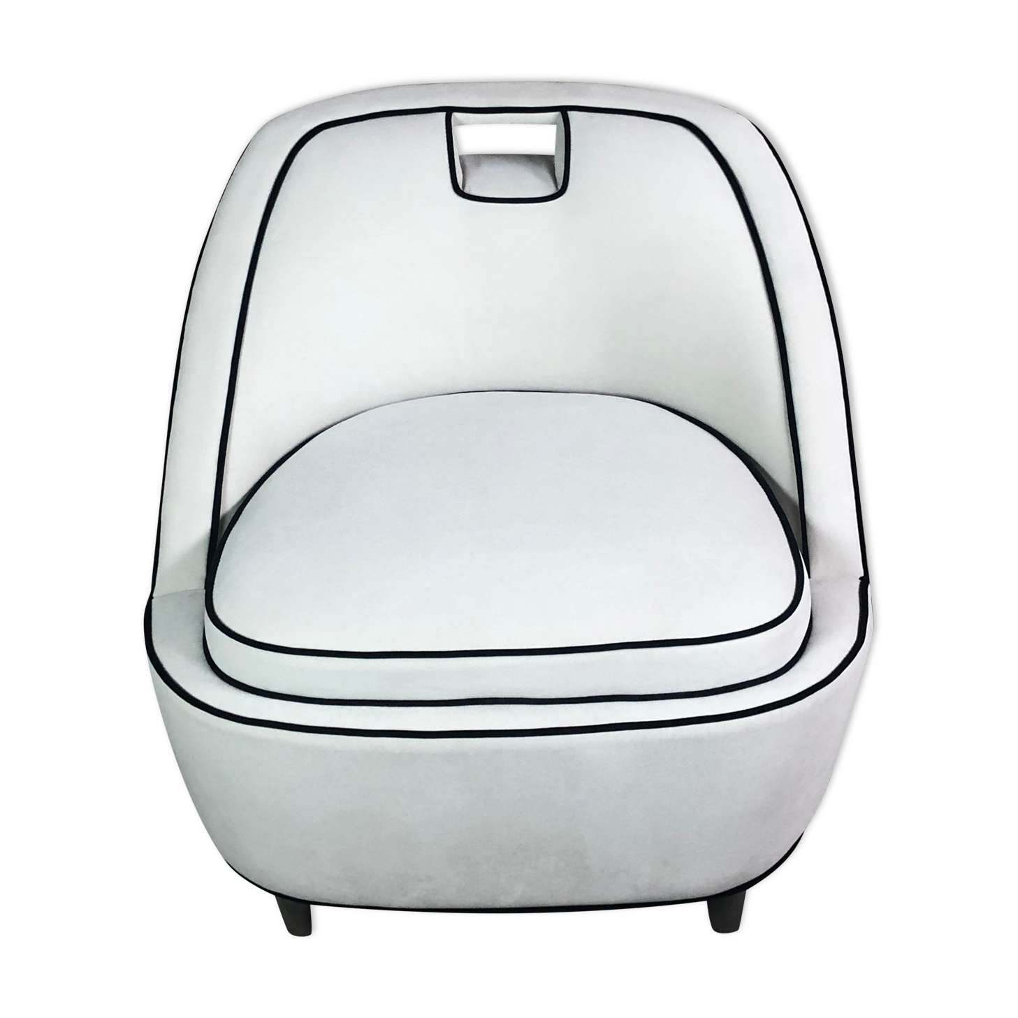 Fauteuil rétro vintage 80's en velours blanc gansé noir