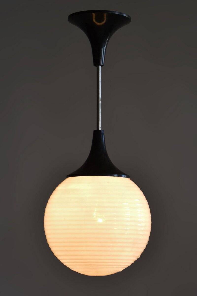 Mid-Century Chandelier in Chromed Steel and Opaline Glass, Czech, 1950s