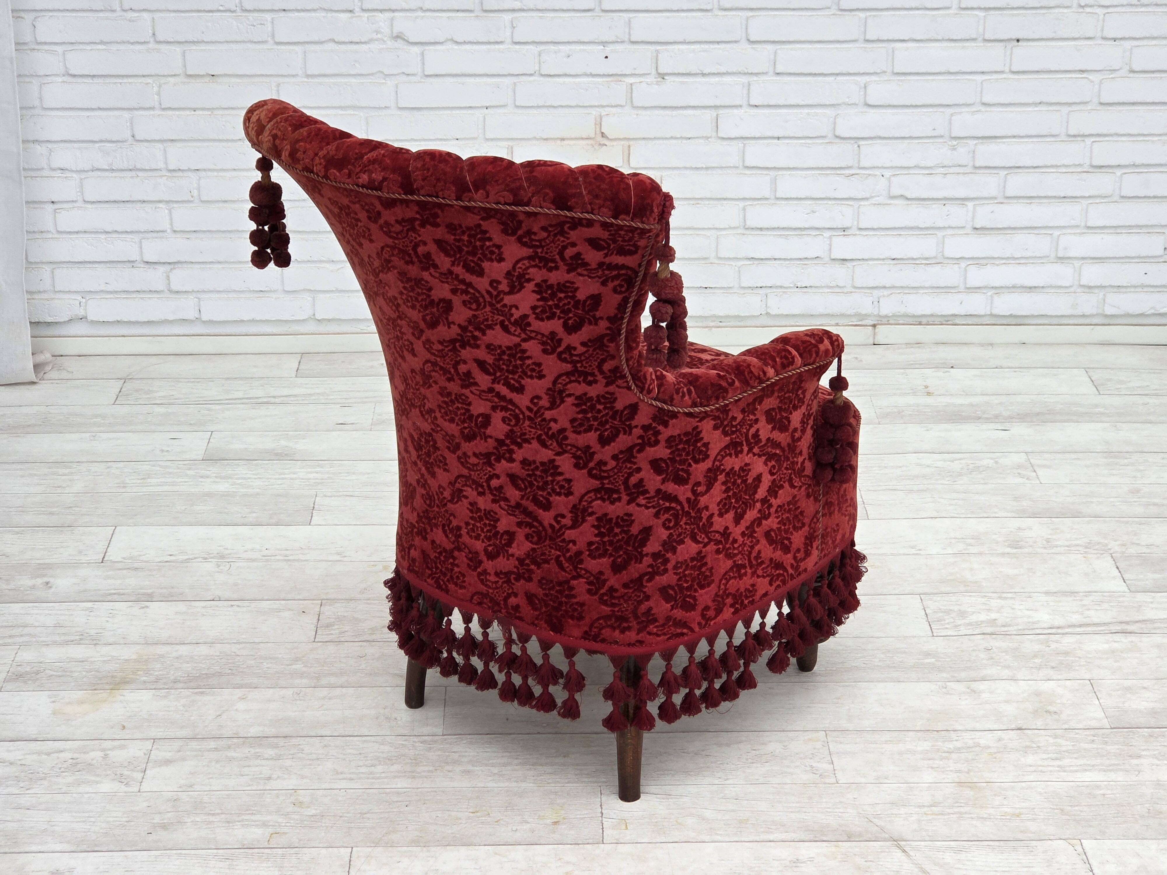 1950s, Danish armchair, furniture velour, beech wood legs.