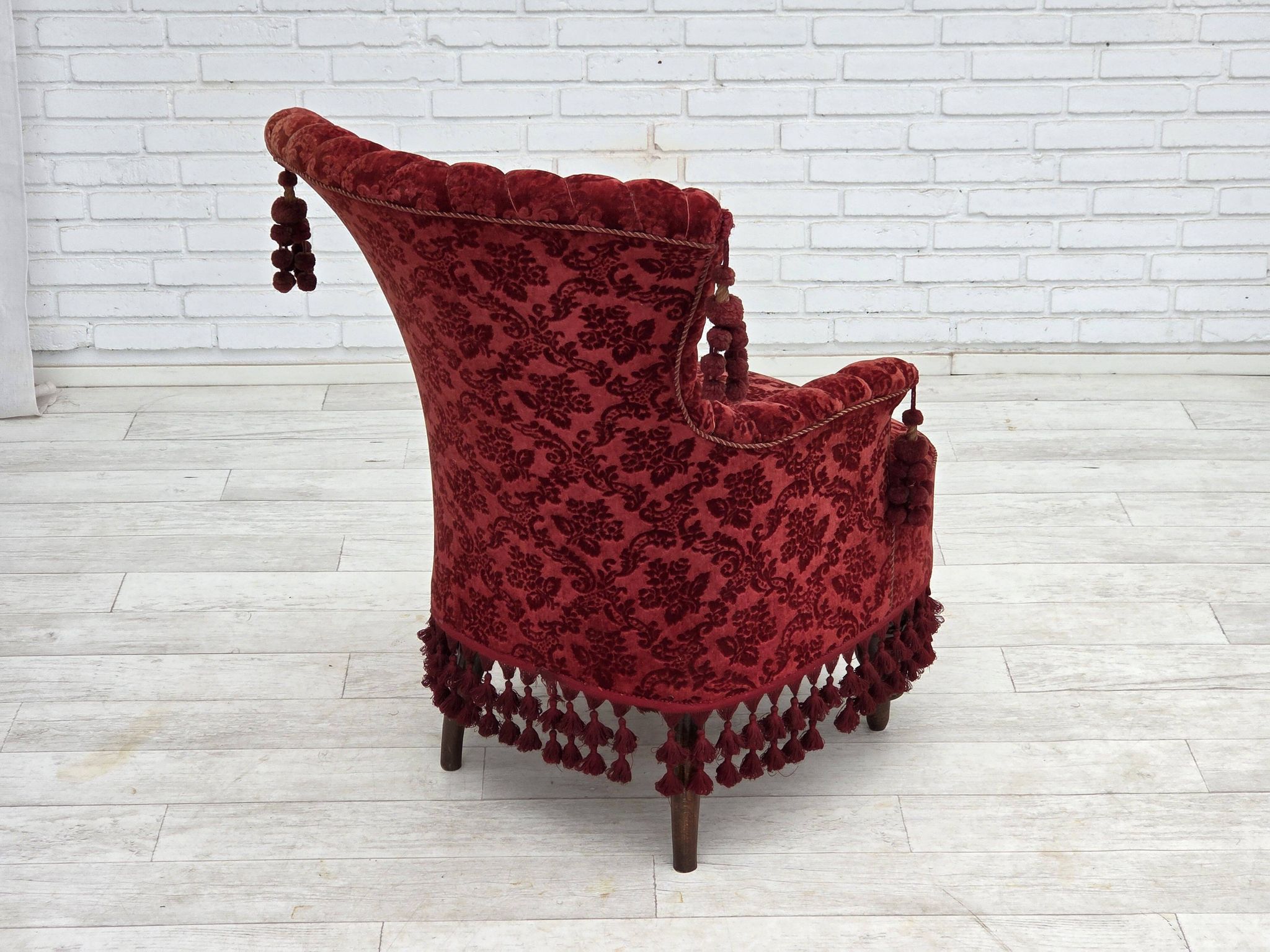 1950s, Danish armchair, furniture velour, beech wood legs.
