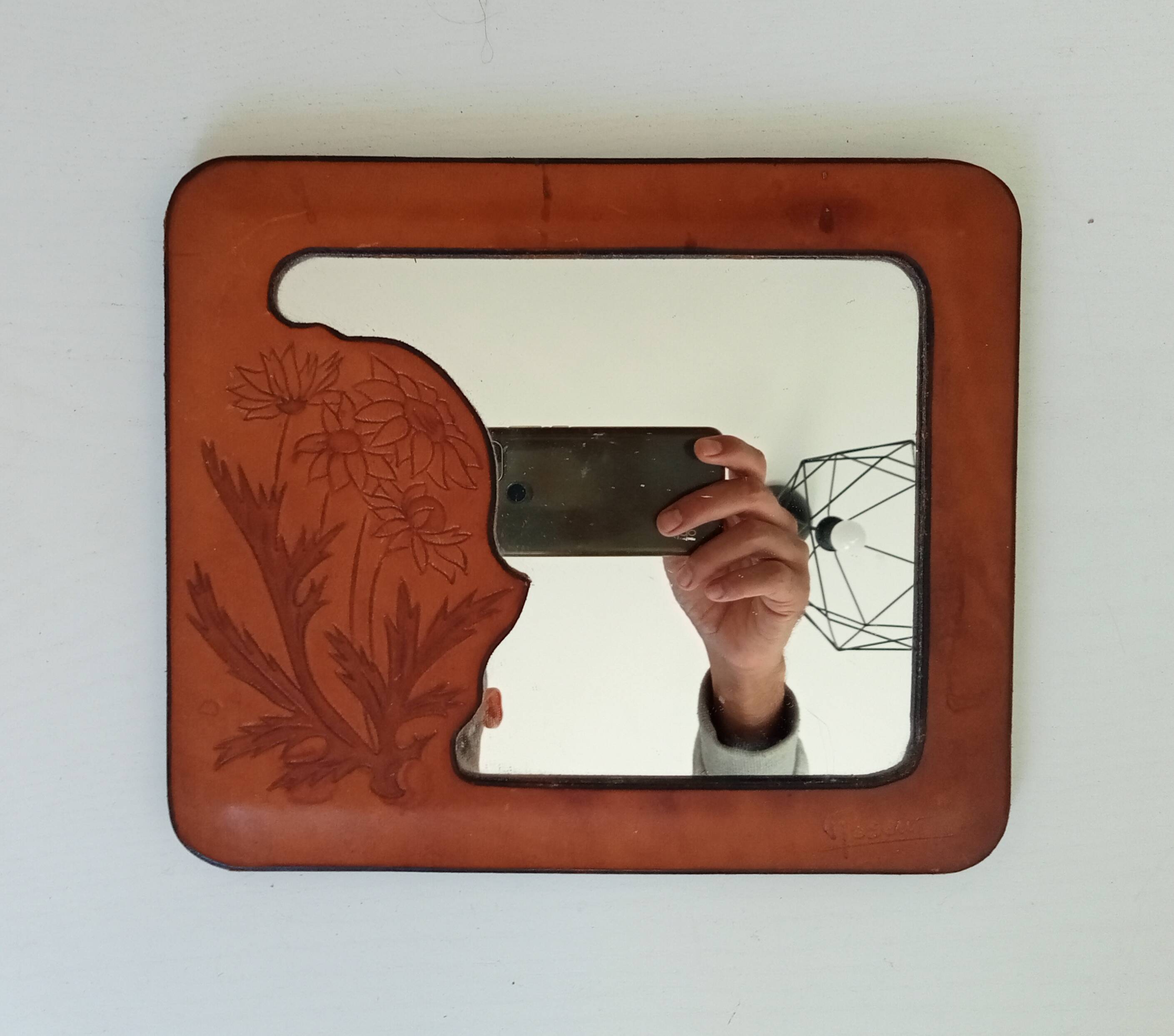 Vintage 70s mirror in wood and leather