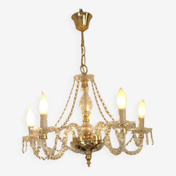 French Vintage Gold Metal & Cut Glass 5 Light Chandelier Barley Twist Arms 4539