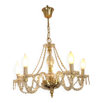 French Vintage Gold Metal & Cut Glass 5 Light Chandelier Barley Twist Arms 4539