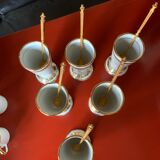 Set of 6 Dussault porcelain mazagrans with golden spoons