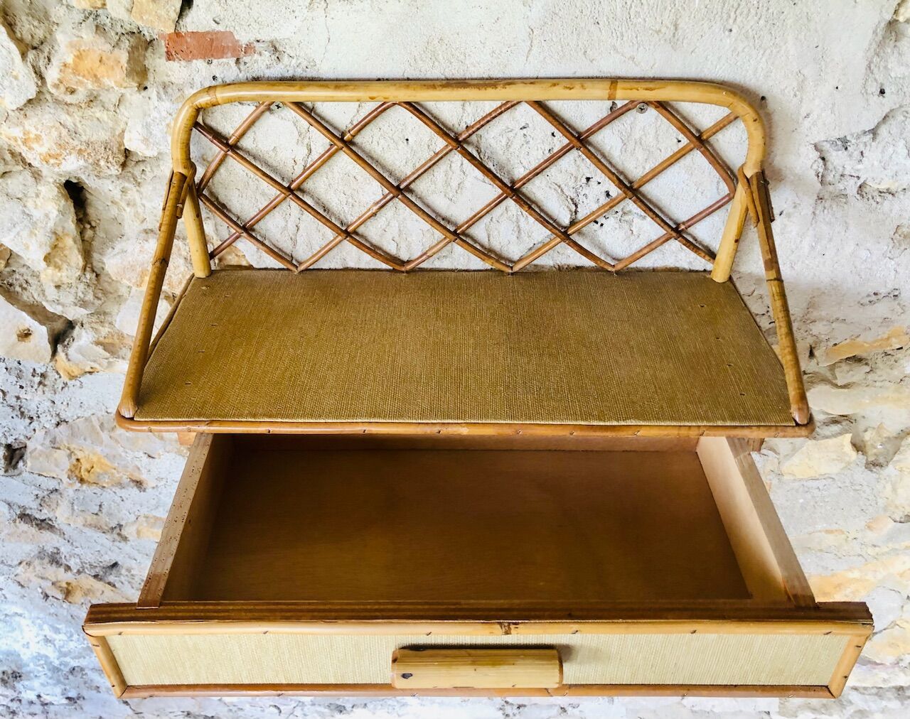 Vintage rattan wall shelf with storage, Circa 60