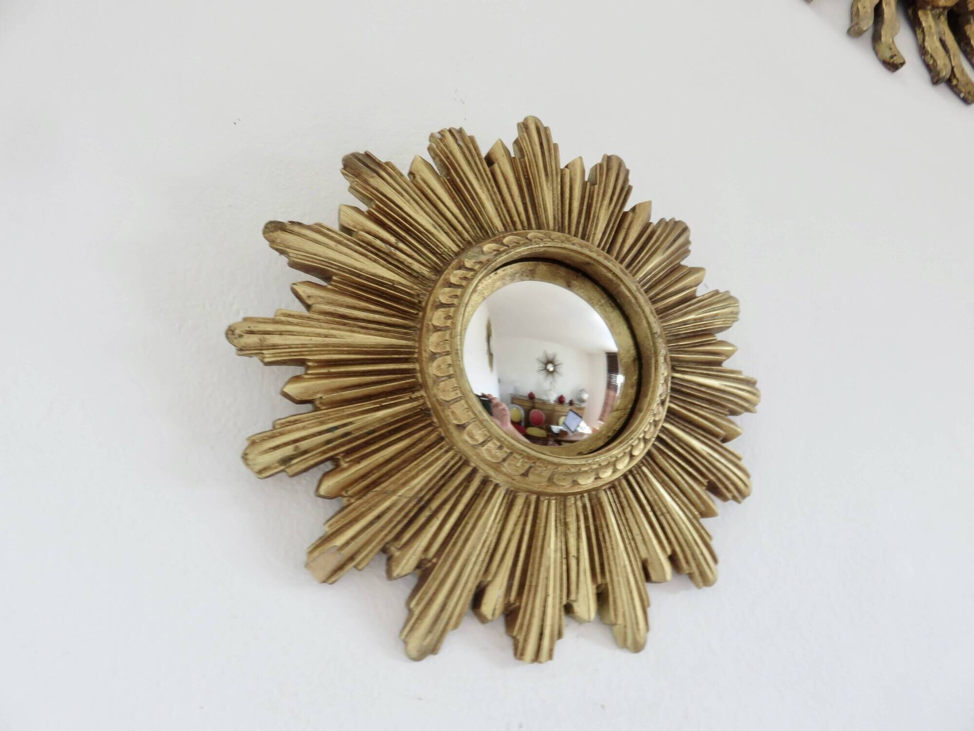 Old small golden sun mirror, witch's eye, curved, 60s-70s.