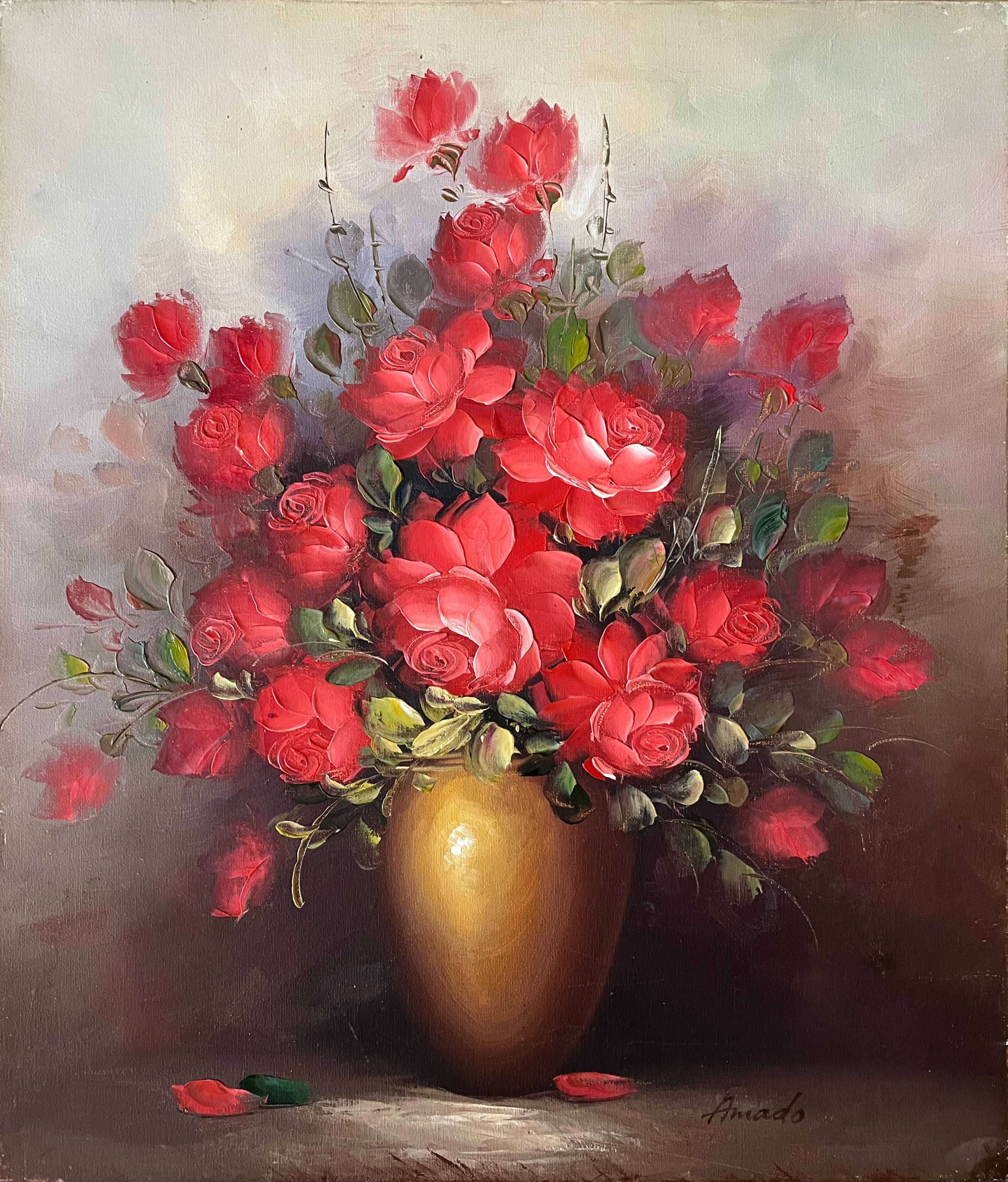 Tableau HST "Bouquet of roses in a vase" signed Amado (20th century)