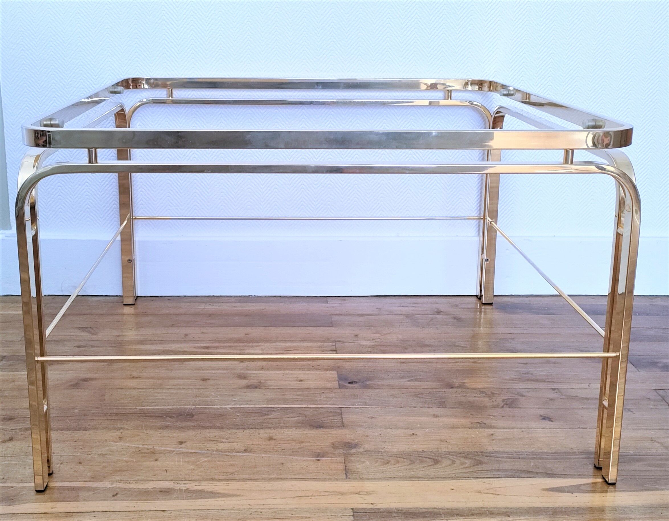 Coffee table glass smoked metal gilded Italian design 80s stamped