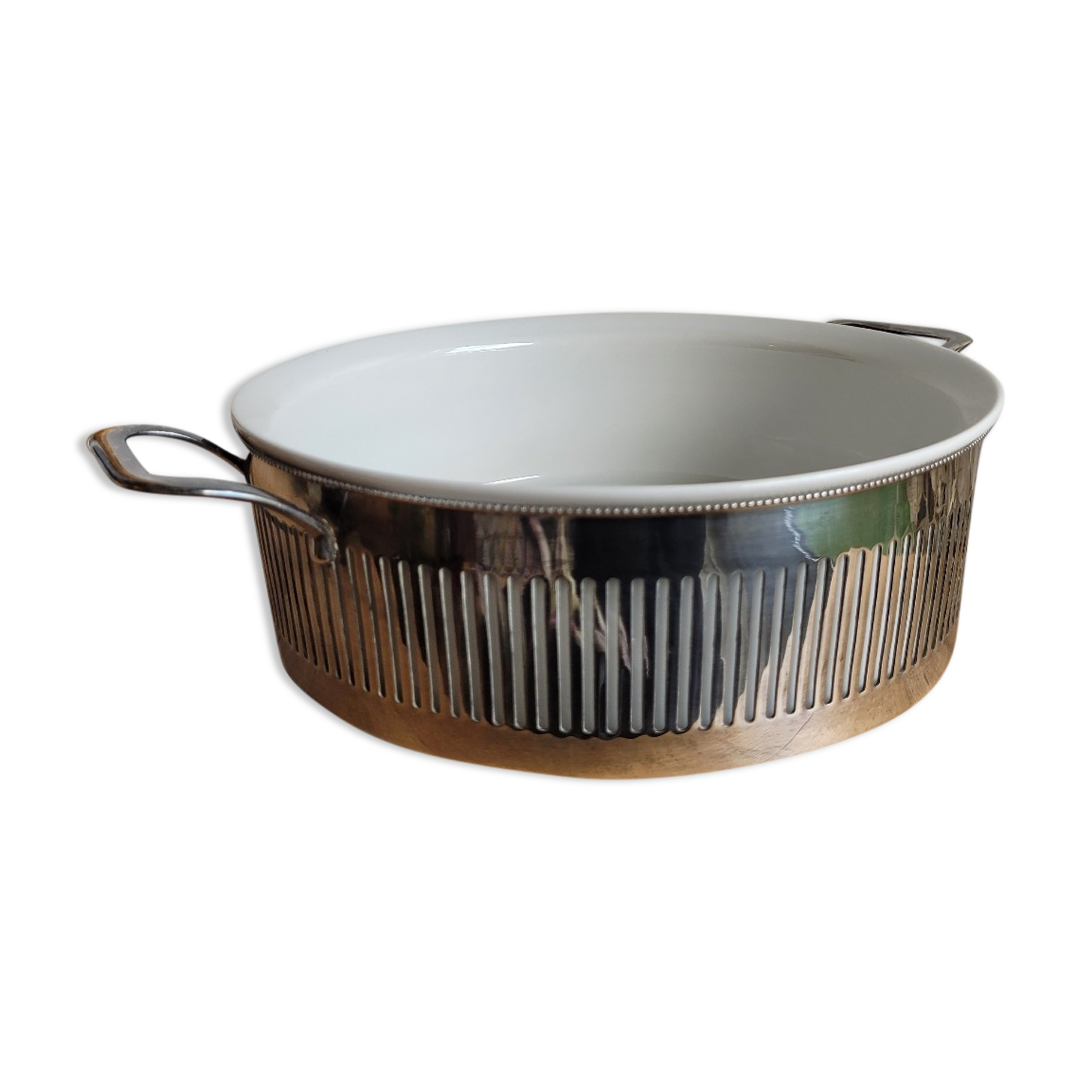 Porcelain serving dish and silver backing