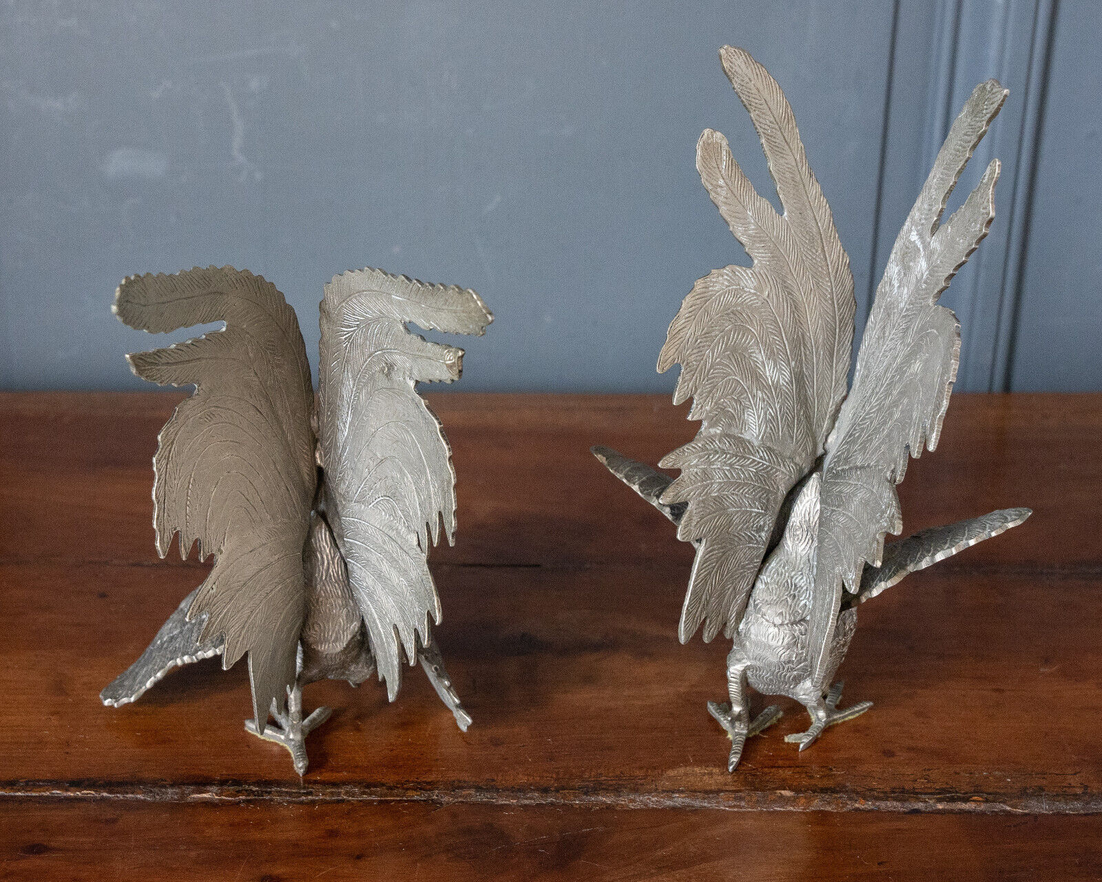 Two roosters in silver metal mid-twentieth century