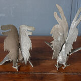 Two roosters in silver metal mid-twentieth century