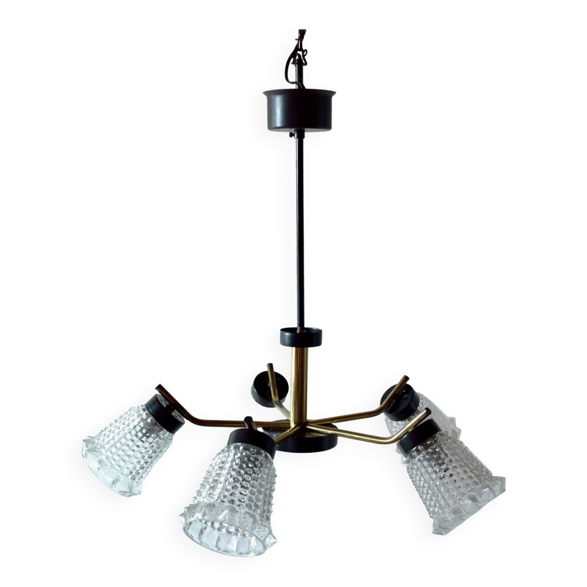 Vintage chandelier in molded glass, brass and steel - 5 branches - 1960s