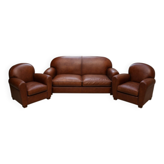 Authentic 1950s Club Set – Sofa + 2 Leather Armchairs