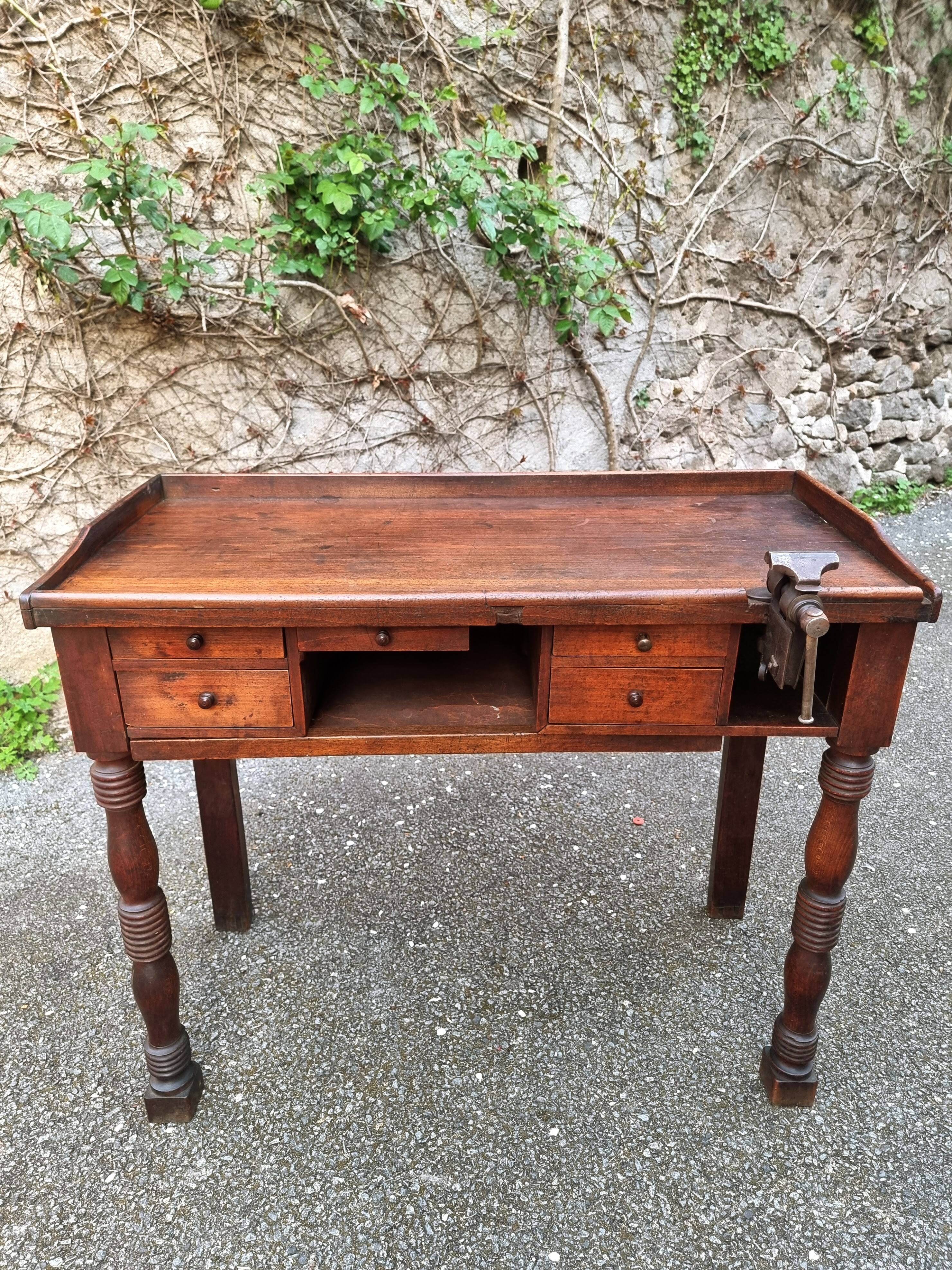 French antique watchmaker's bench – Table with drawers, vice, and original sliding leather surface – circa 1900