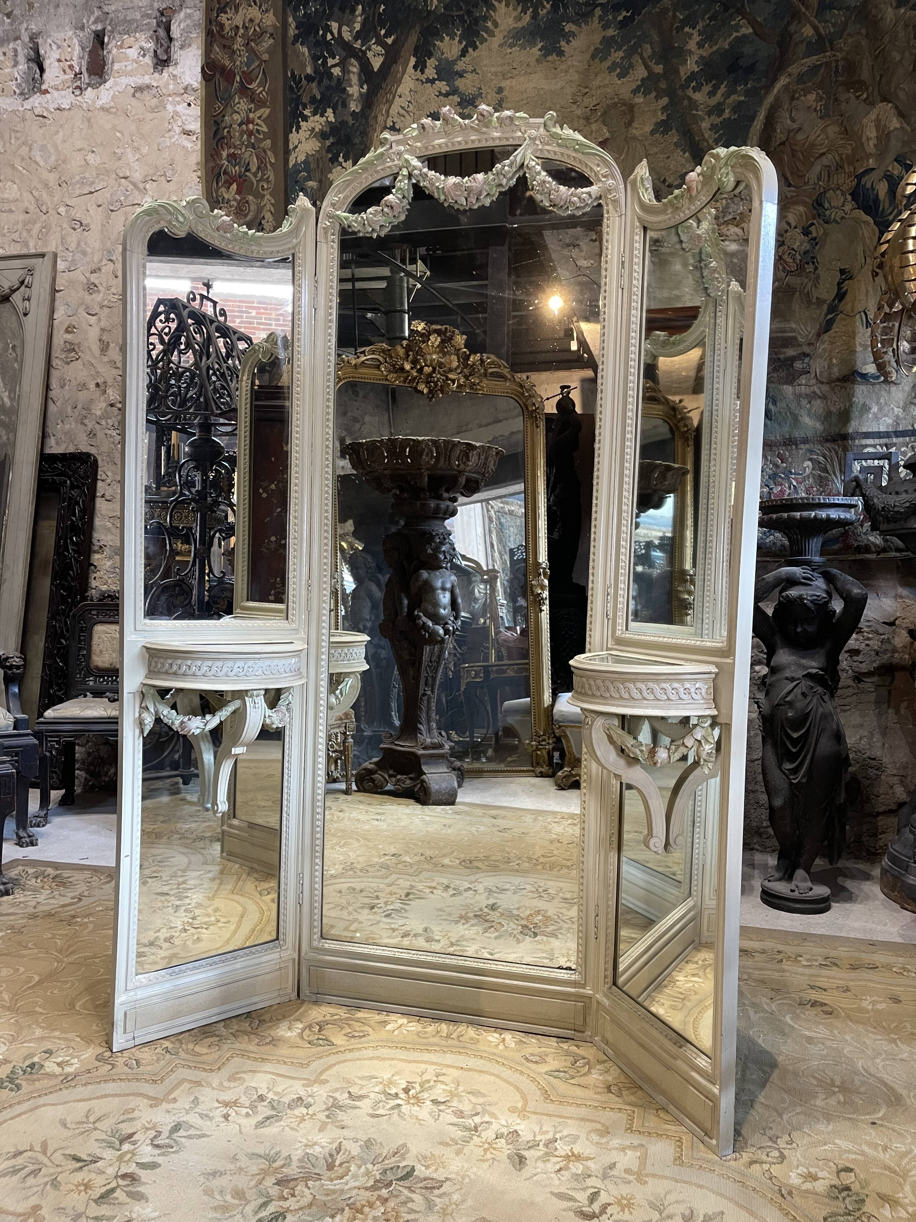 Mirror triptych style Louis XVI wooden rechampie cream XIX th century