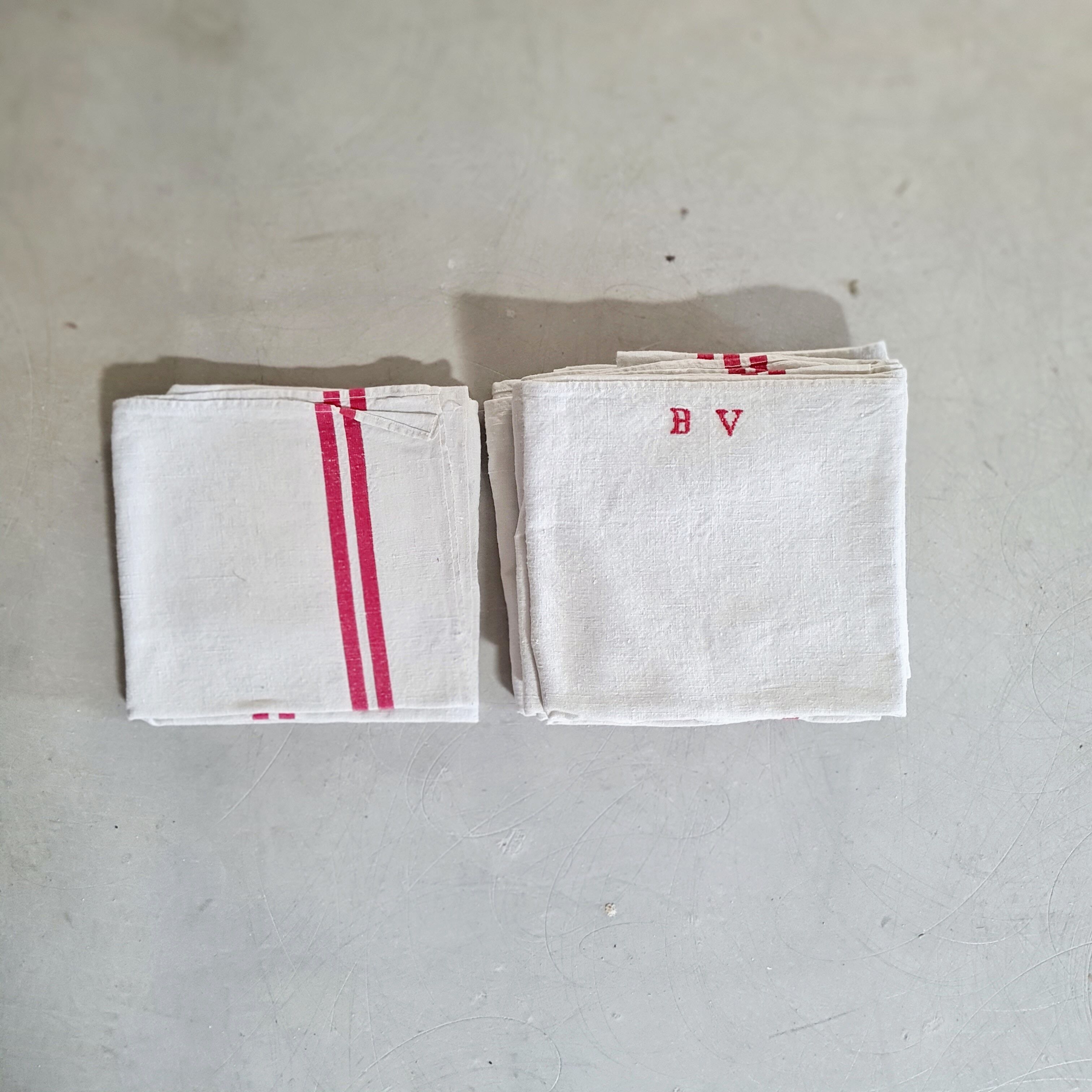 Old linen tea towels - monogrammed - red stripes - Set of 7