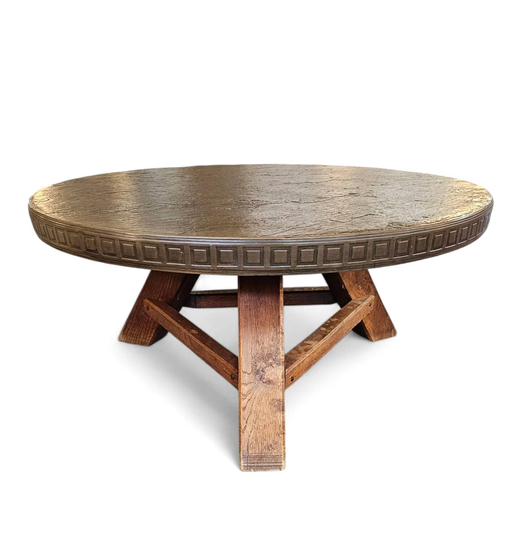 Round brutalis coffee table with brass / copper top / 1960s