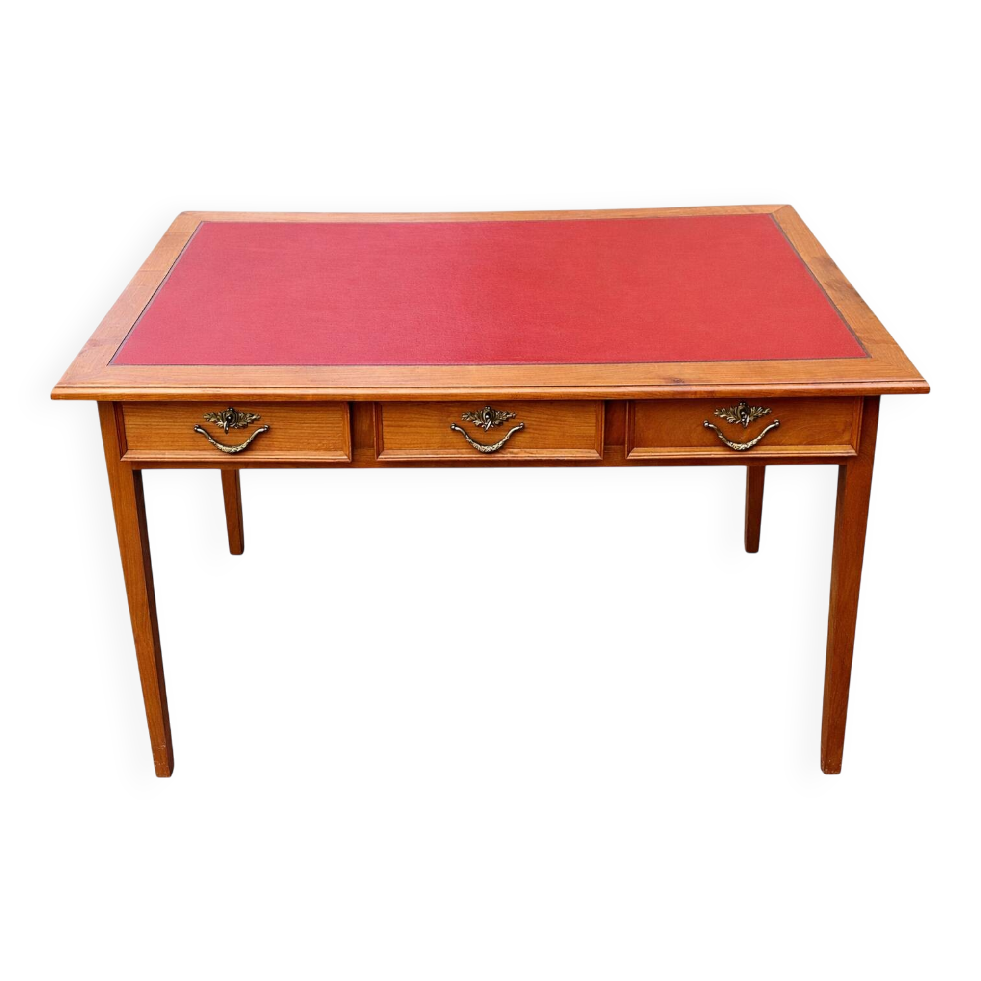 Bureau plat style Louis XVI réversible 6 tiroirs cuir rouge