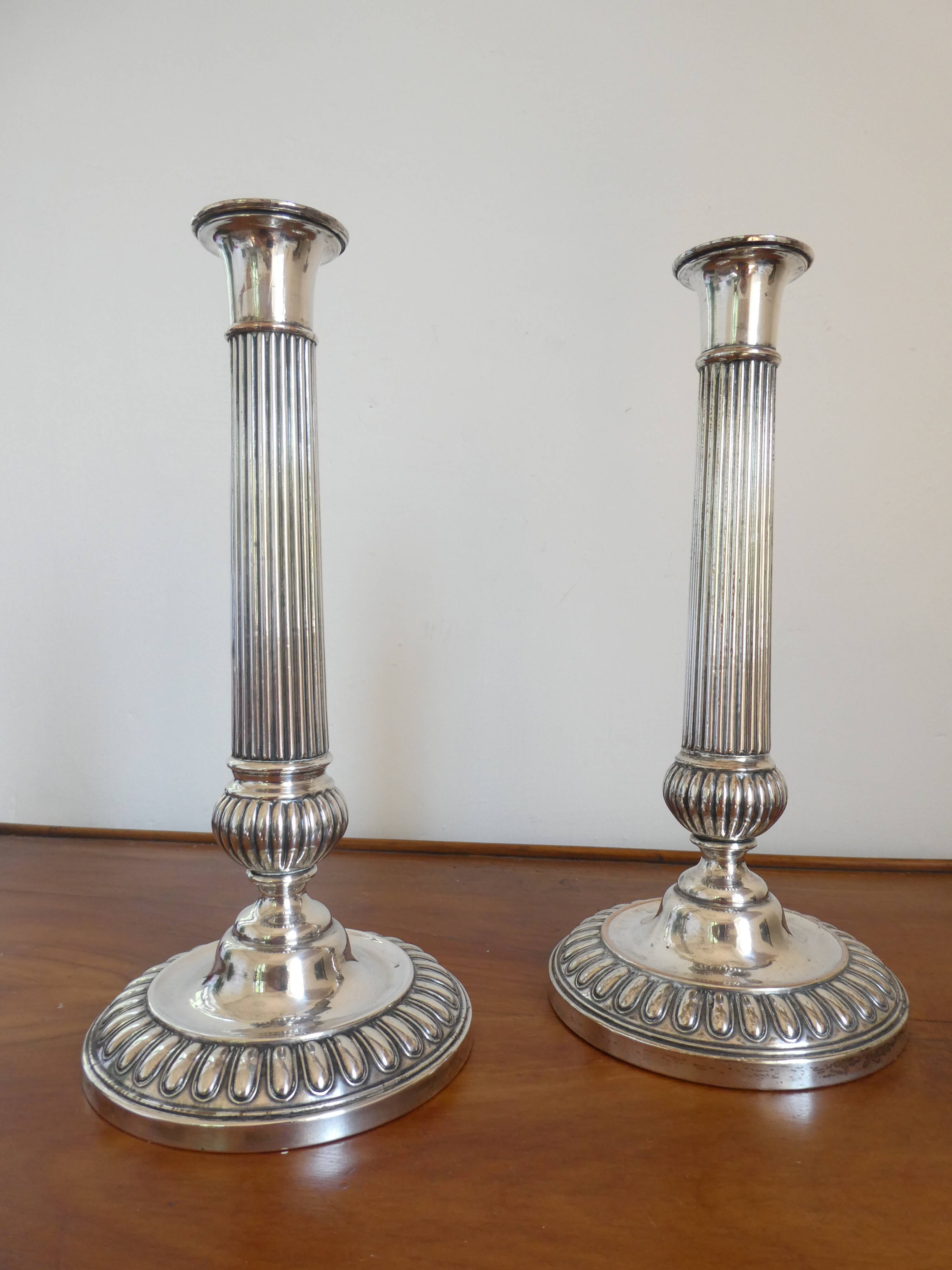 Antique pair of 19th century silver-plated metal candlesticks, 27 cm
