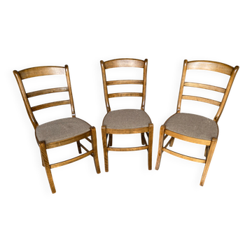 Série 3 Chaises Anciennes BAUMANN Bois + Assise Galette Tissu Vintage