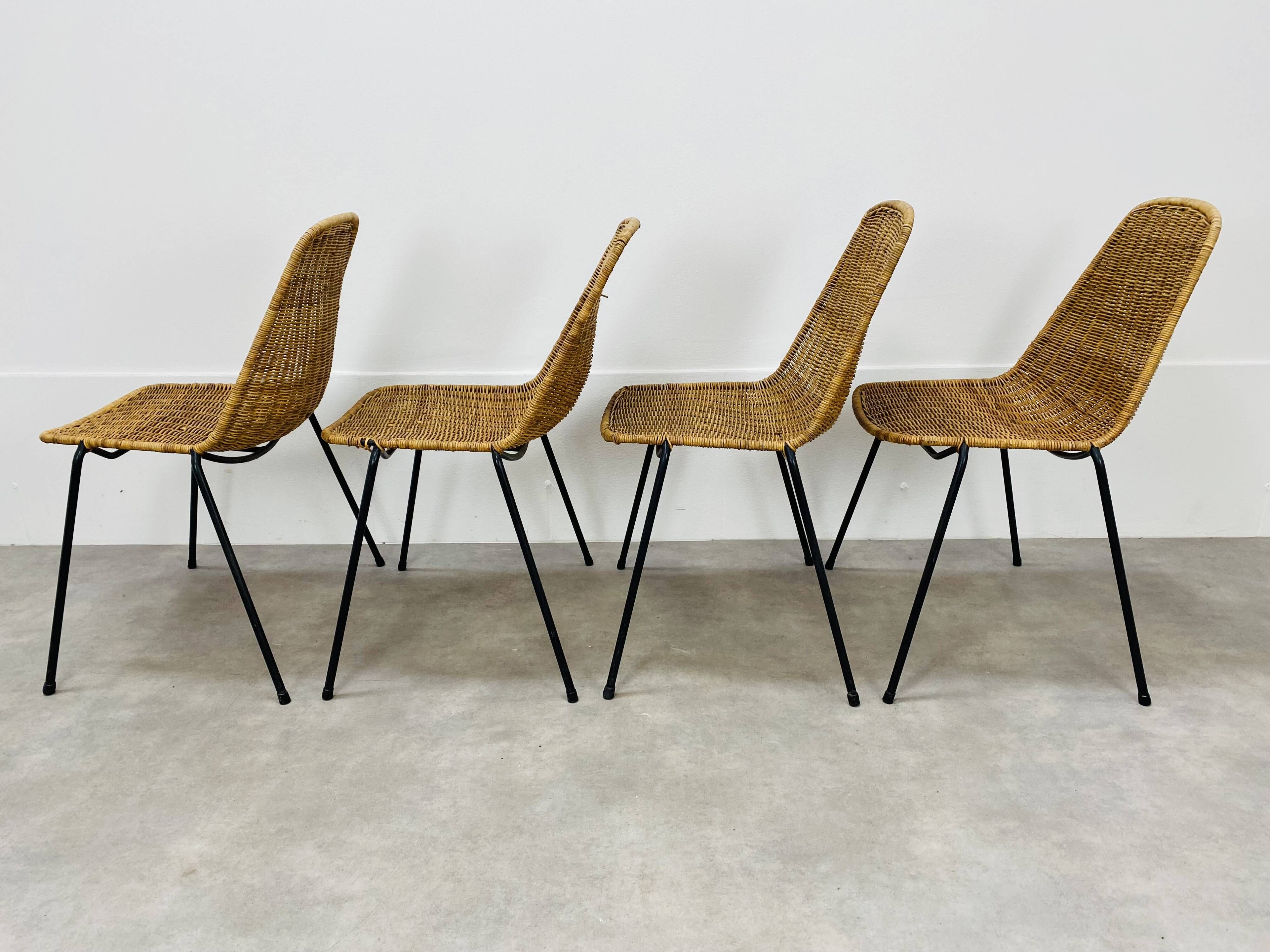 4 chairs Gianfranco Legler model Rattan basketball and metal 50s