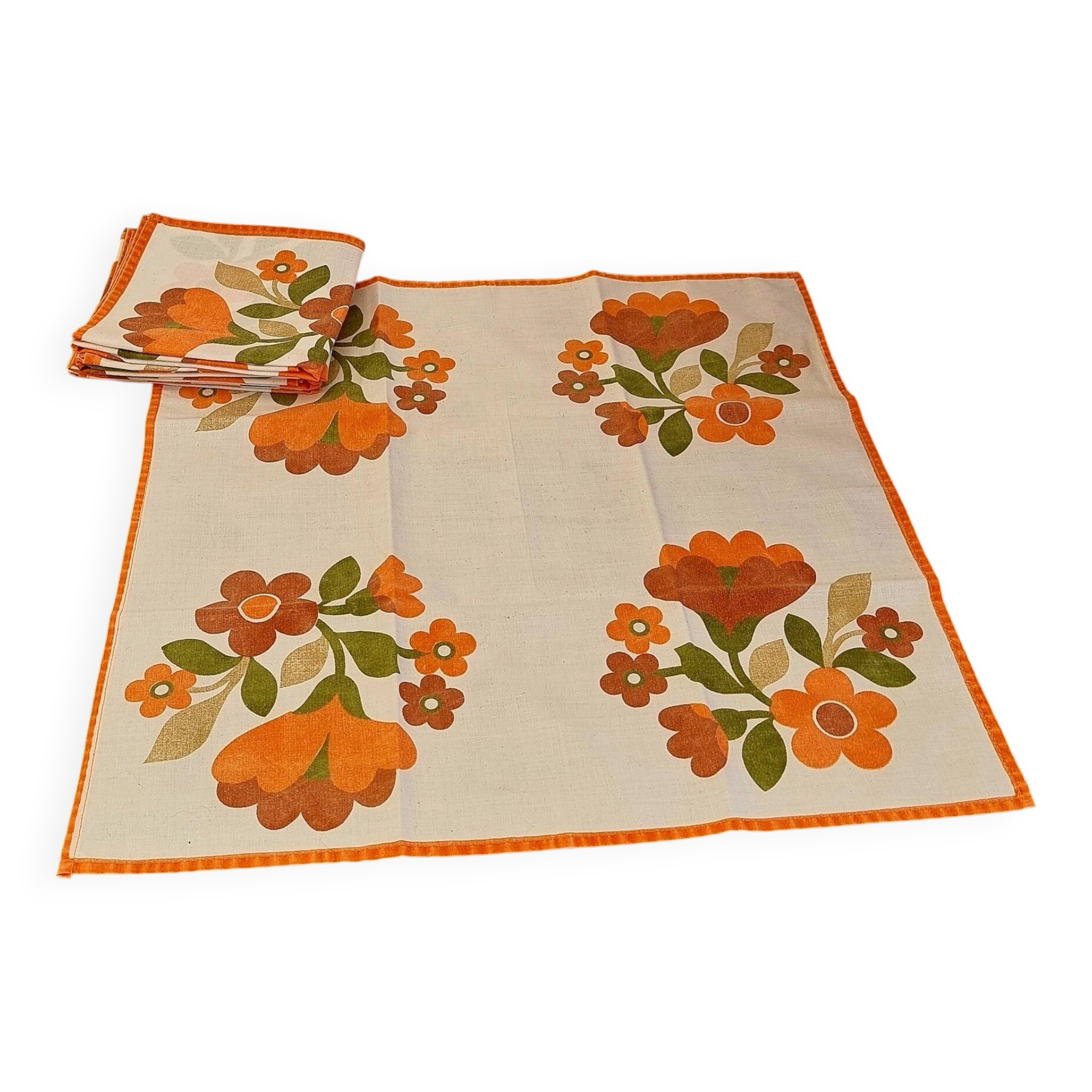 Set of 5 vintage orange flower table napkins from the 70s.
