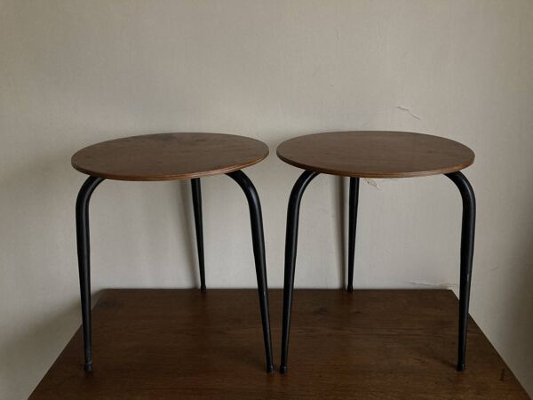 Paire de tabourets chevets modernistes en plywood midcentury 1960
