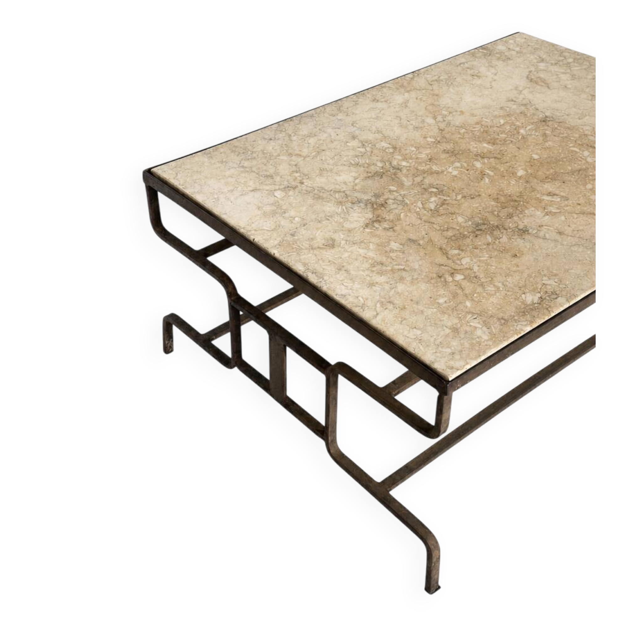 French handcrafted coffee table in travertine and wrought iron, 1920s.