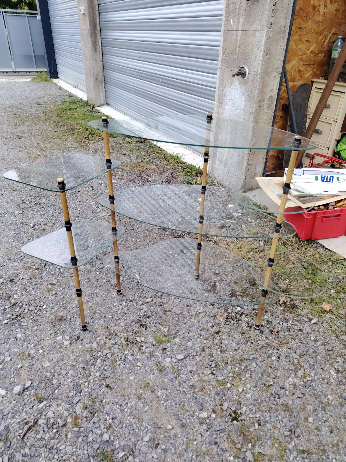 Removable shelving unit, glass and vintage brass