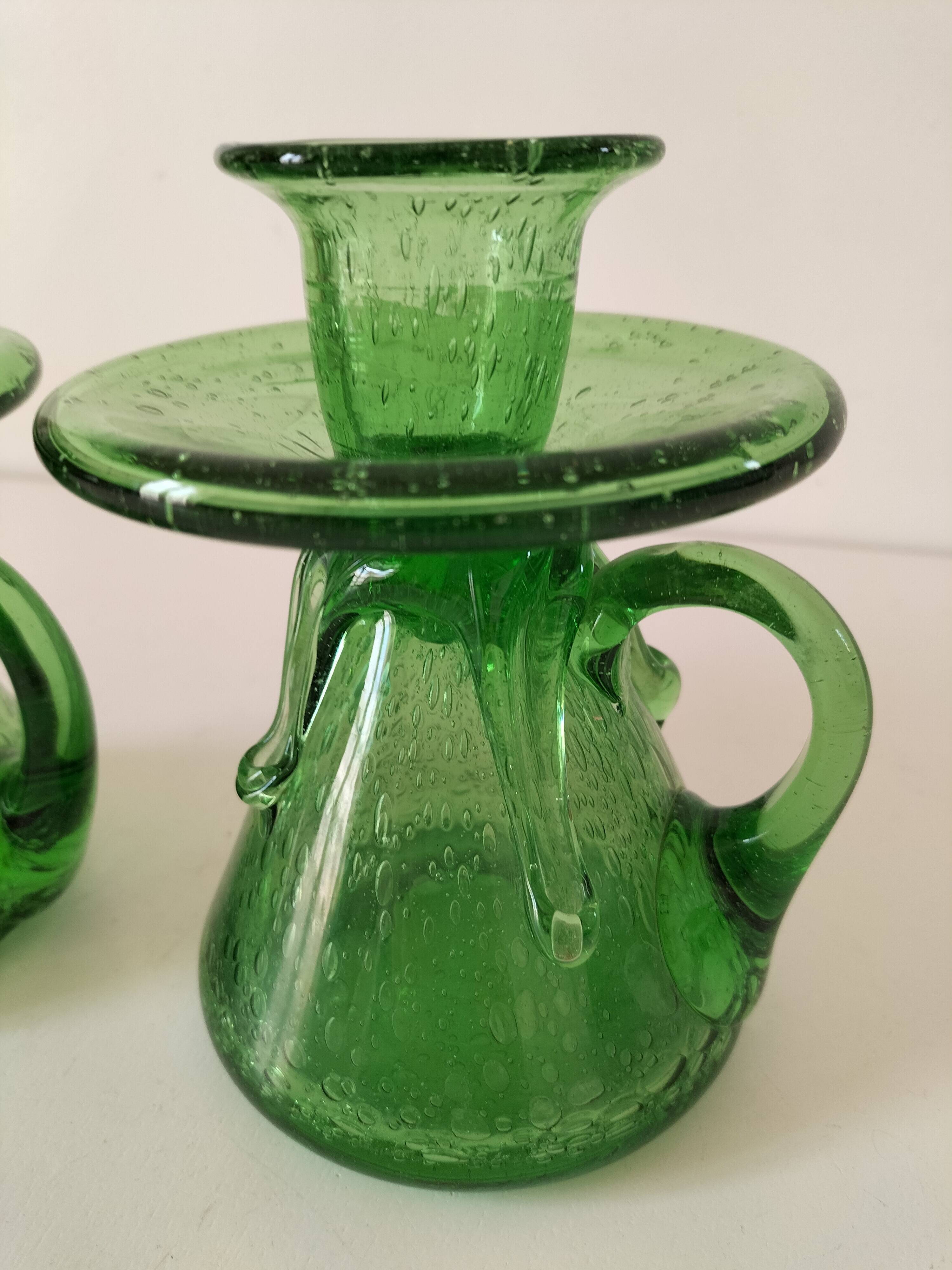 Duo de bougeoirs en verre bullé vert – Verrerie de Biot