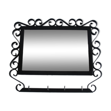 Vintage Metal Wall Mirror with Hooks, 1960's.