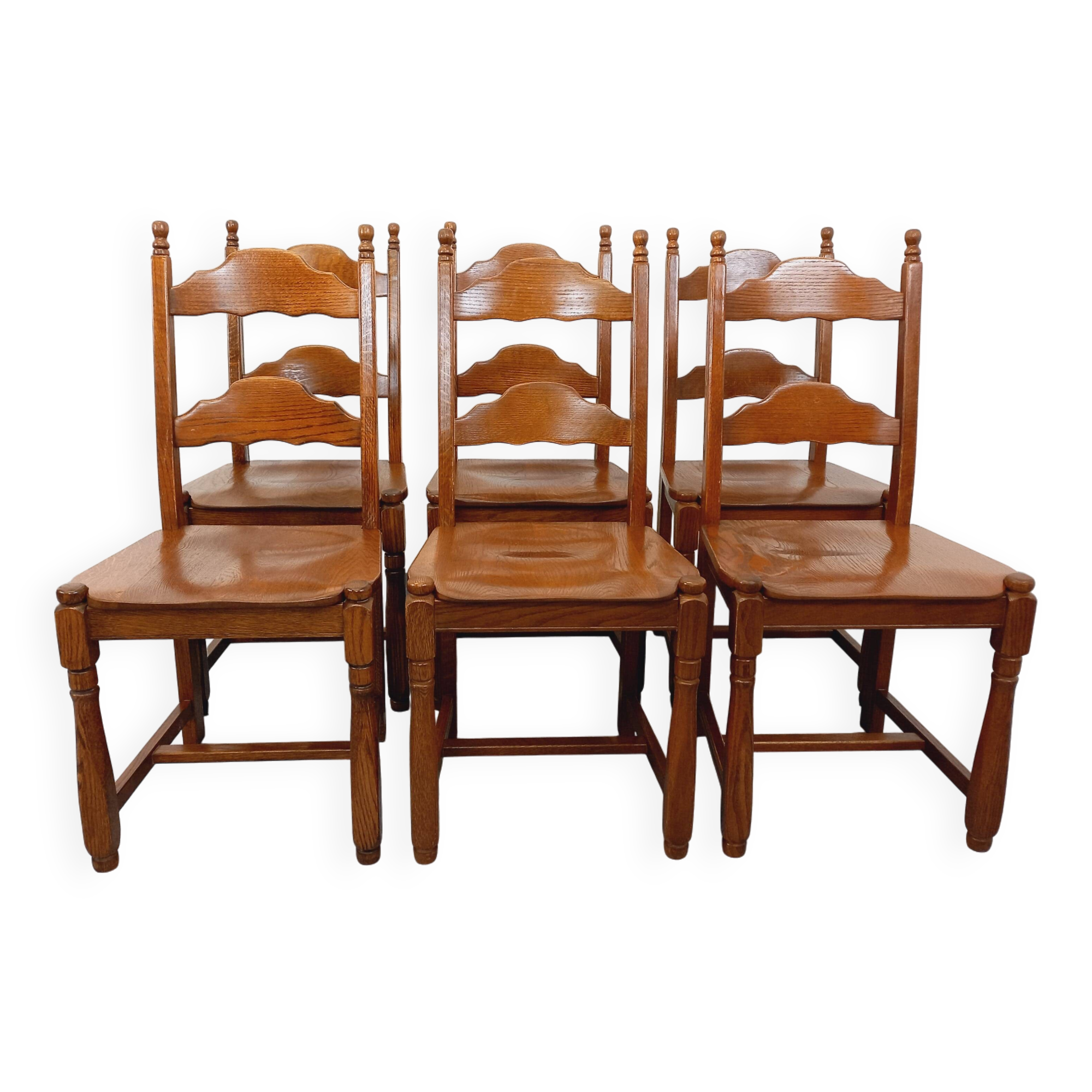 Set of 6 vintage brutalist chairs in oak wood from the 60s