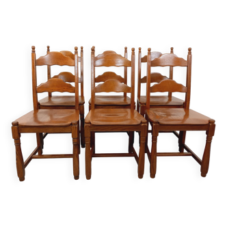 Set of 6 vintage brutalist chairs in oak wood from the 60s